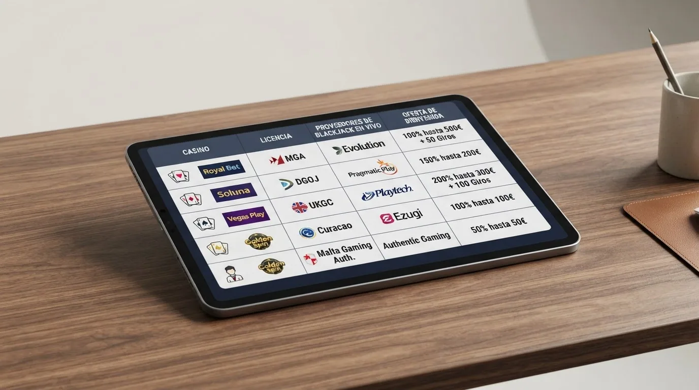 Captura de una tabla comparativa con los logotipos de los casinos, columnas de licencia, proveedores y bonos