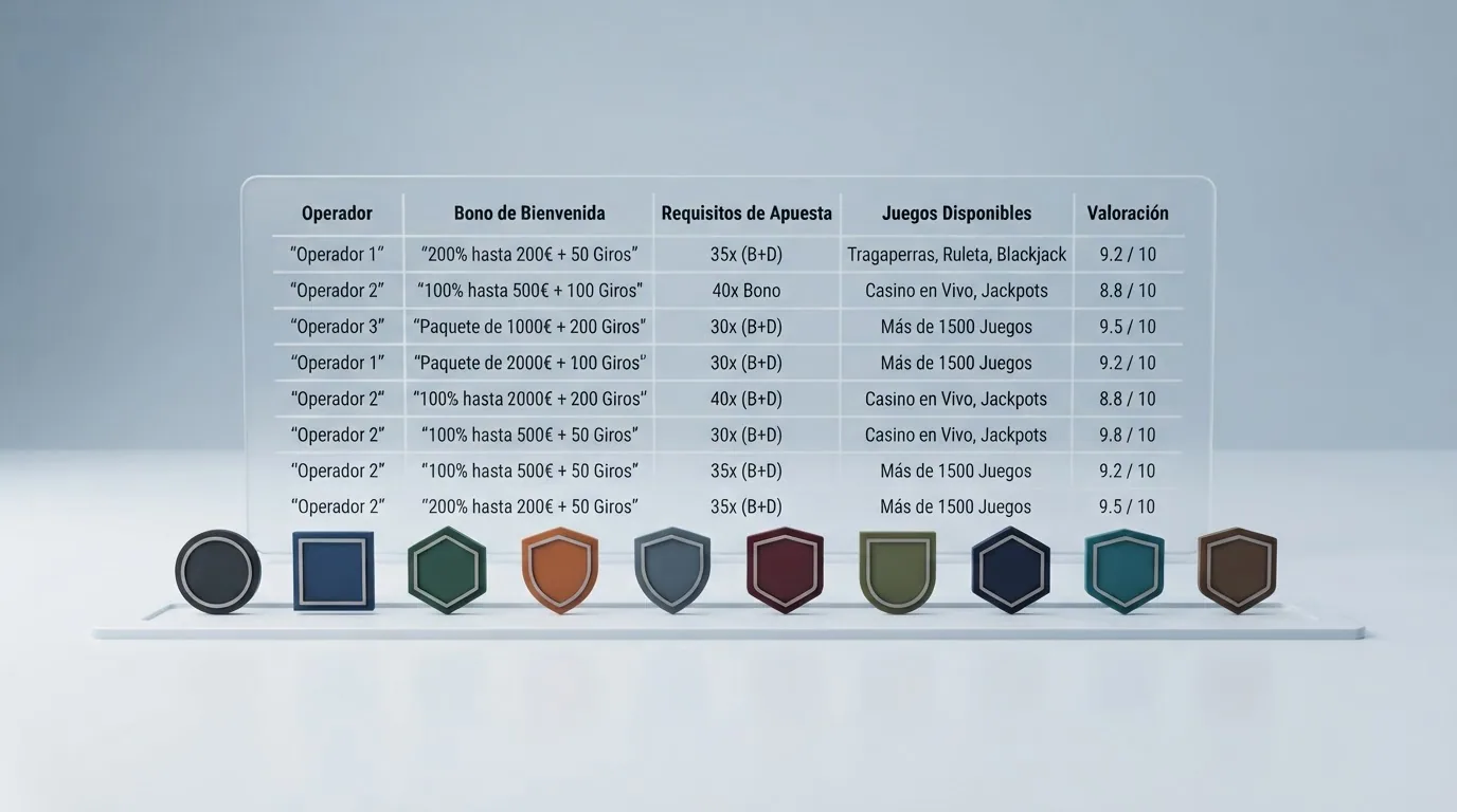 Captura parcial de la tabla comparativa con los logos de los diez operadores destacados, sus tipos de bono y los multiplicadores de rollover