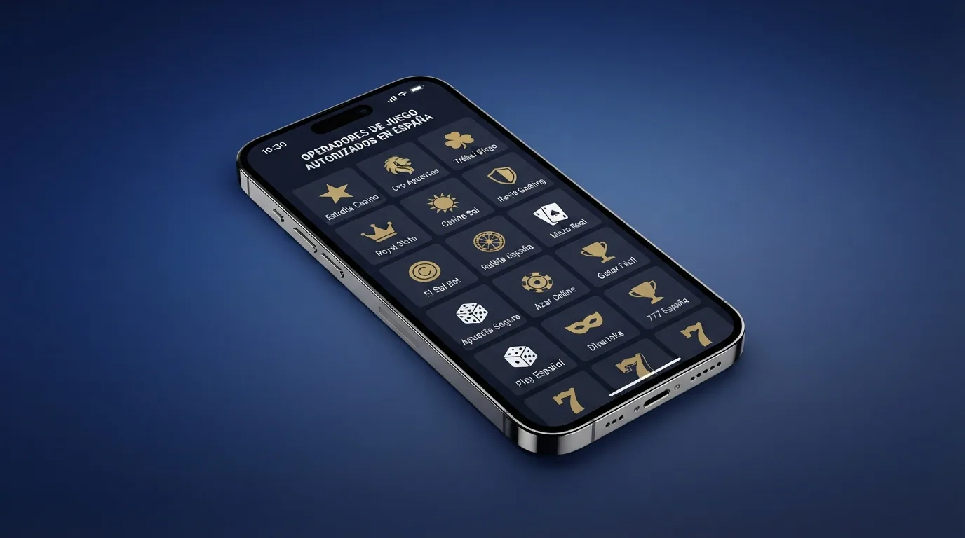Varios logotipos de casinos con licencia DGOJ alineados sobre la pantalla de un iPhone