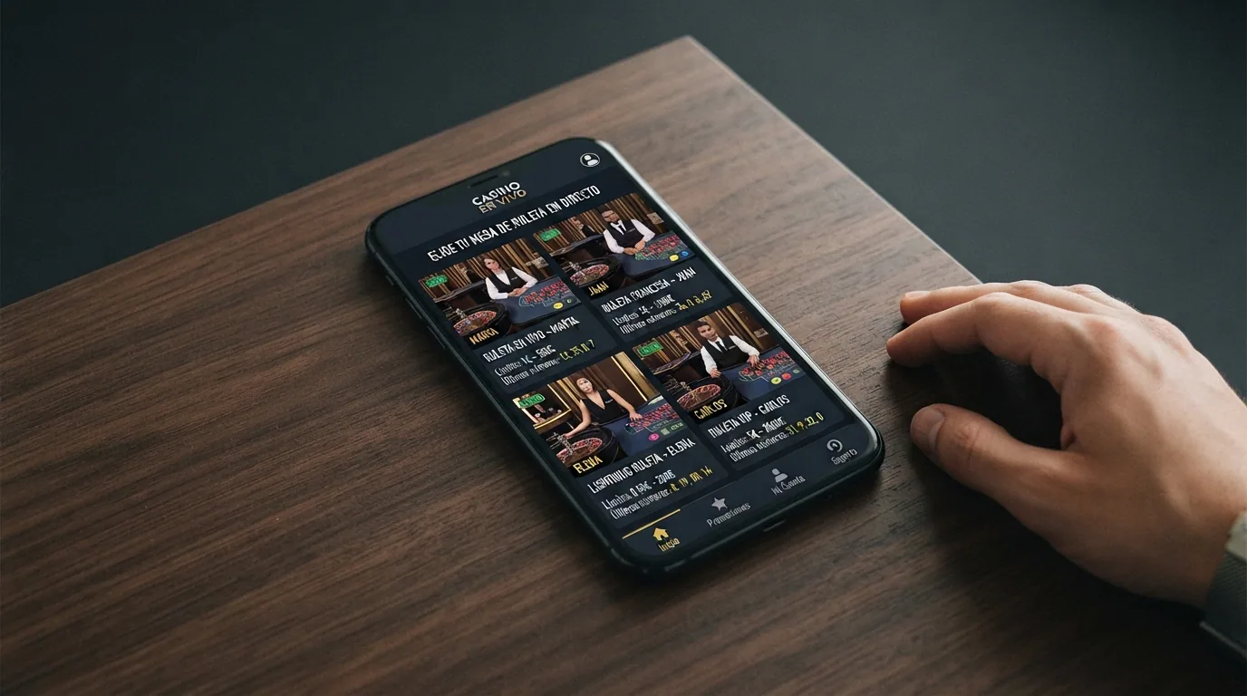 Captura de pantalla de un lobby de casino en vivo con varias mesas de ruleta abiertas, el nombre de cada crupier visible y los límites de apuesta indicados en euros bajo cada miniatura