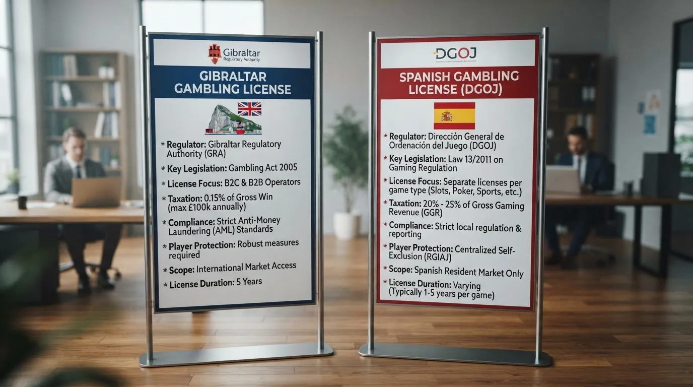 Dos columnas enfrentadas con los iconos del Peñón de Gibraltar y de la bandera de España, cada una listando las características de su sistema de licencia