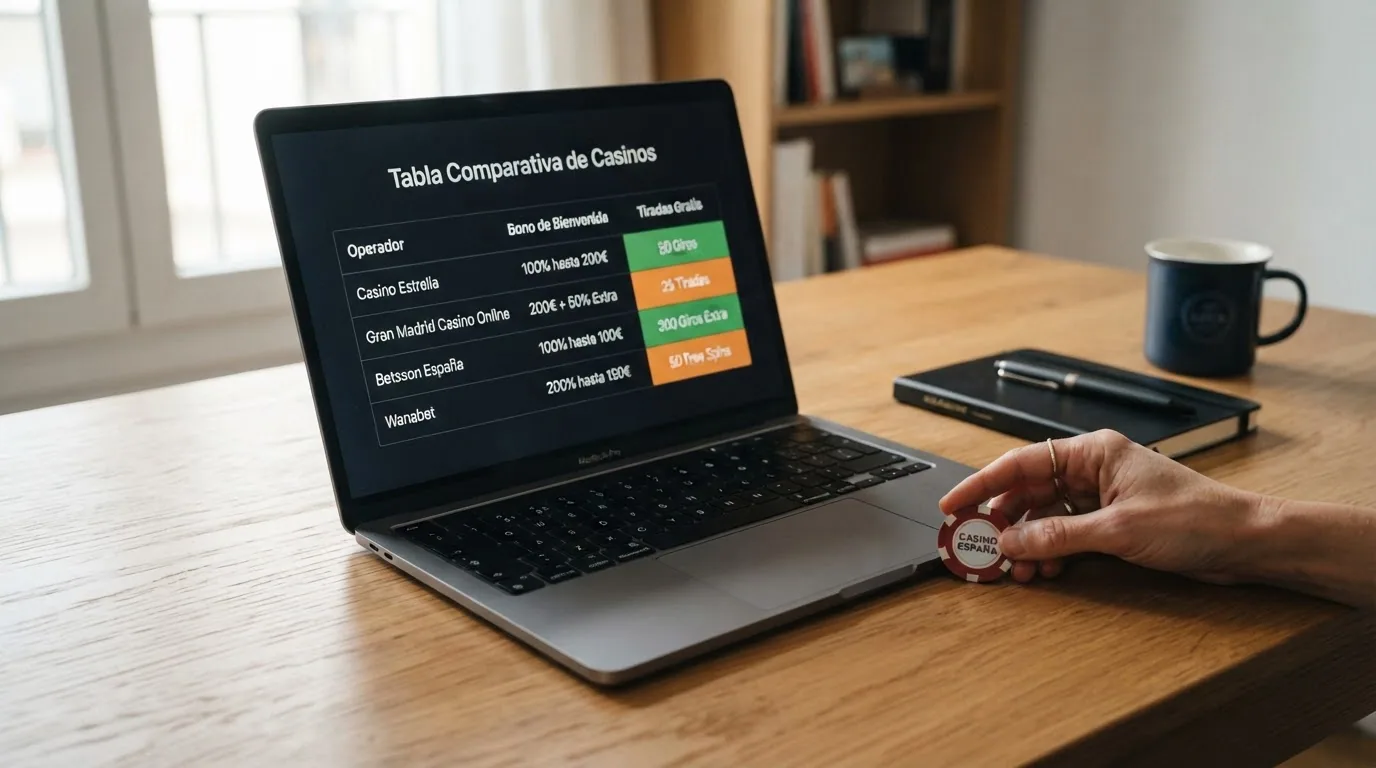 Una tabla visual con las columnas principales de la comparativa (operador, bono, tiradas gratis, rollover) destacando la presencia del dominio .es en cada fila