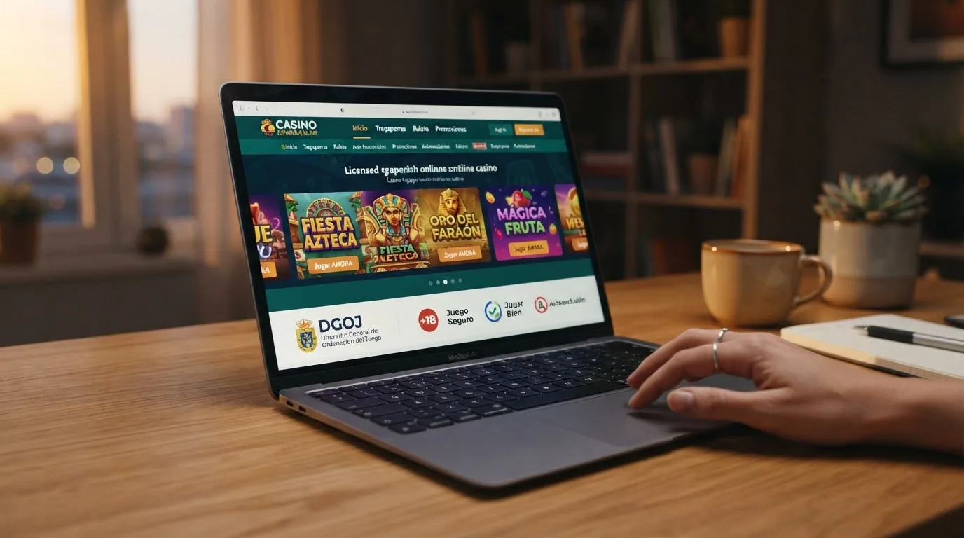 Pantalla de inicio de un casino online español con el sello de la DGOJ y su catálogo de slots destacado