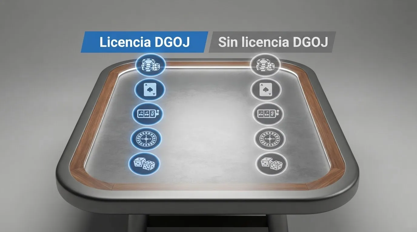 Una tabla con iconos de casinos alineados en dos columnas — una bajo el título «Licencia DGOJ» con fondo azul, otra bajo «Sin licencia DGOJ» con fondo gris — sobre una mesa de juego
