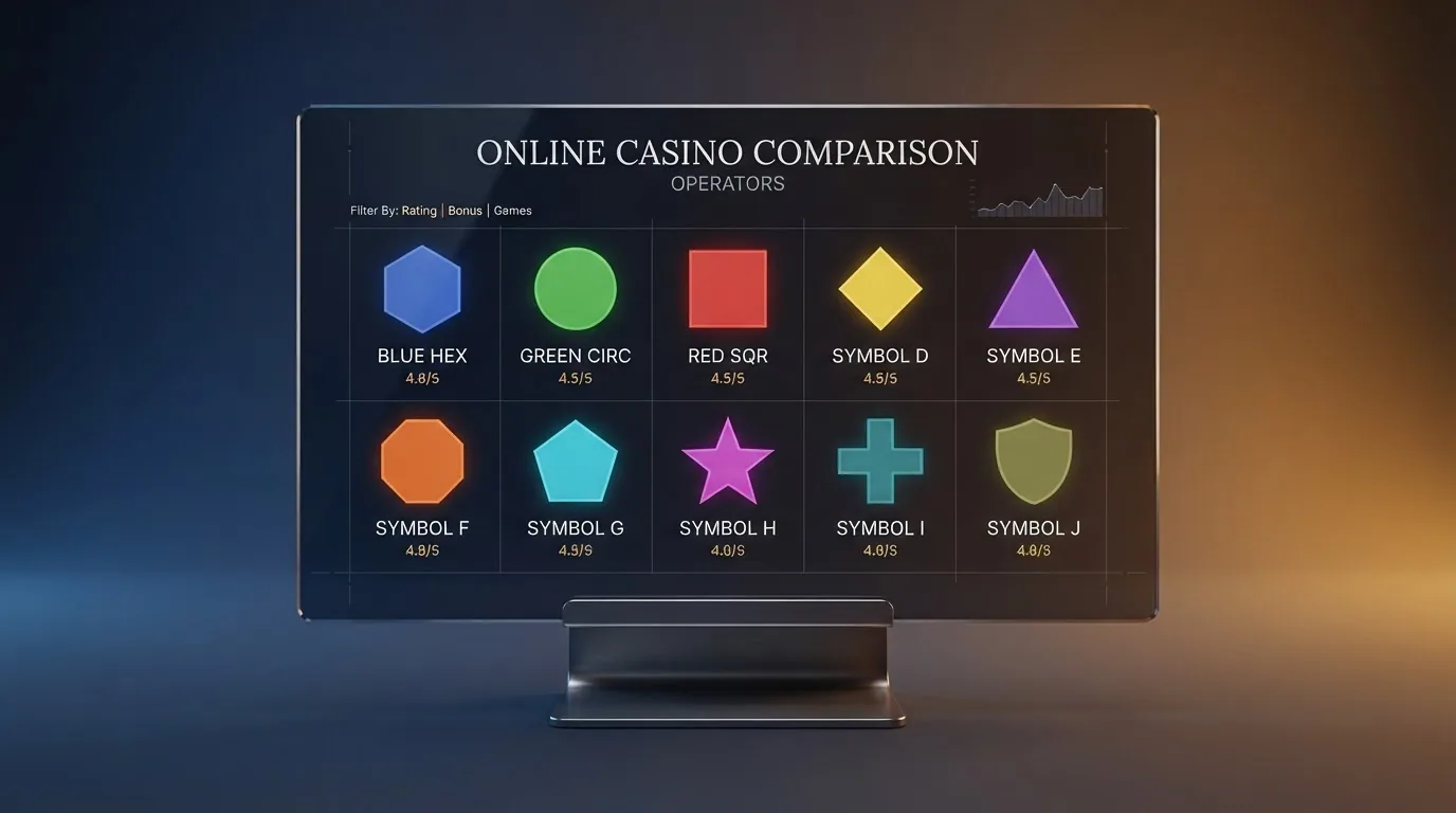 Pantalla dividida con los logotipos de los 10 operadores comparados ordenados en dos filas, sobre un fondo de mesa de juego digital
