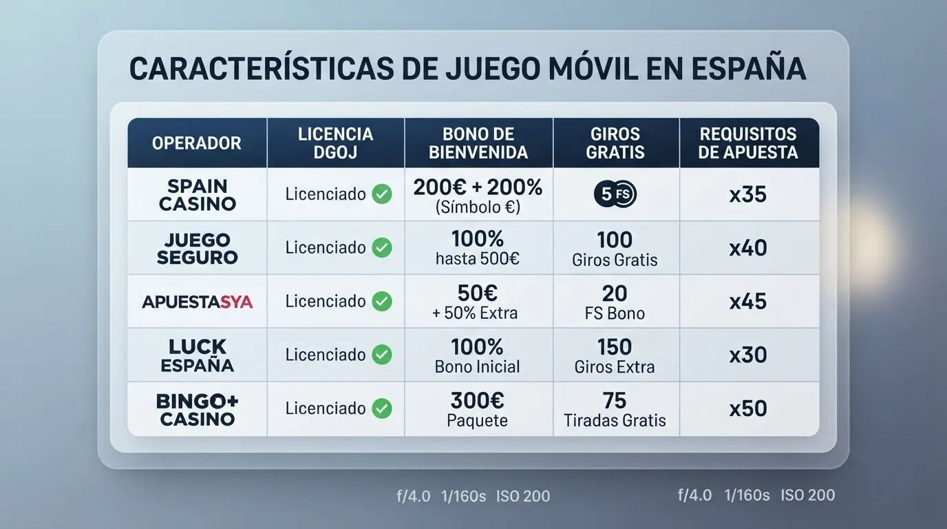 Tabla comparativa con los datos de licencia, bono de bienvenida y tiradas gratis de diez casinos móviles en España