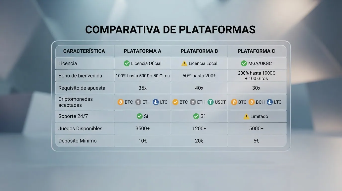 Una tabla con filas de datos y columnas encabezadas por los criterios de comparación: licencia, bono, wagering y criptomonedas