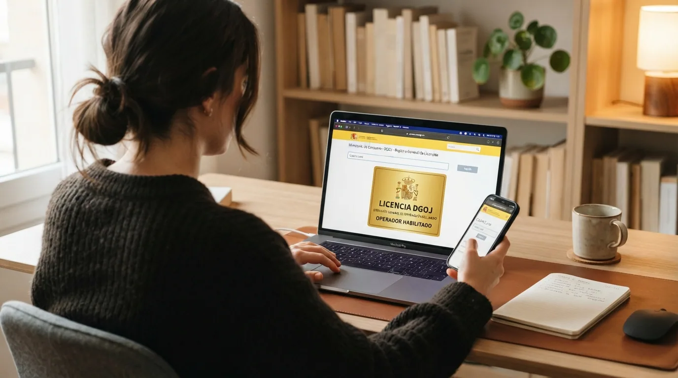 Pantalla de ordenador mostrando el registro público de licencias de la DGOJ en ordenacionjuego.es con el campo de búsqueda de operadores visible