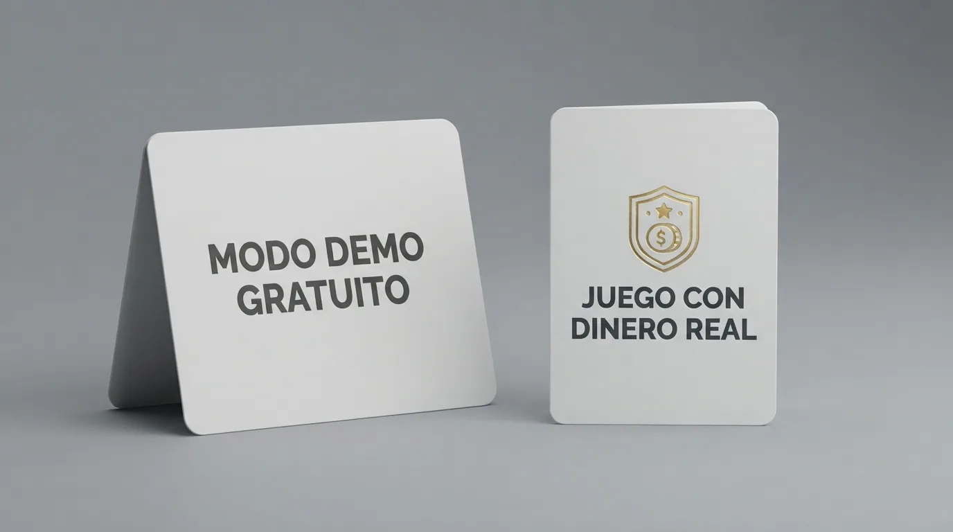 Un gráfico conceptual con dos columnas: a la izquierda «modo demo gratuito» con un icono de candado abierto, a la derecha «juego con dinero real» con un icono de DNI y verificación