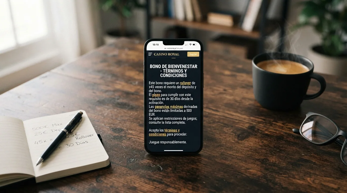 Pantalla de iPhone mostrando los términos y condiciones de un bono de bienvenida