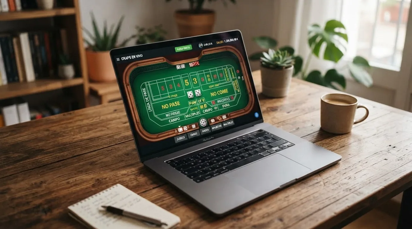 Captura de pantalla de una mesa de craps en modo demo con saldo ficticio y la interfaz explicada