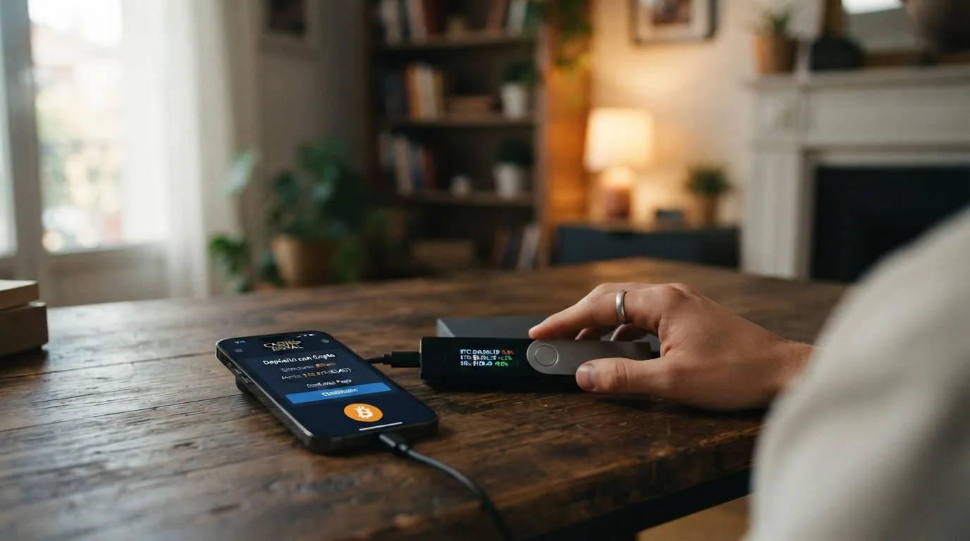 Un monedero físico de hardware wallet junto a una pantalla con la cotización en tiempo real de BTC, ETH y USDT y el logo de un casino de Curazao de fondo