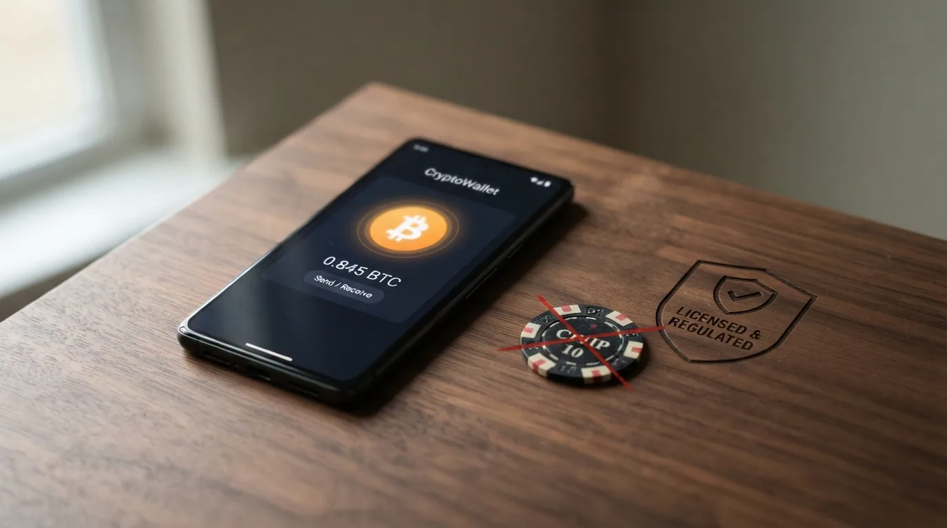 Un monedero de criptomonedas en una pantalla junto al logo tachado de un casino, con el escudo de la DGOJ en la esquina opuesta como contraste