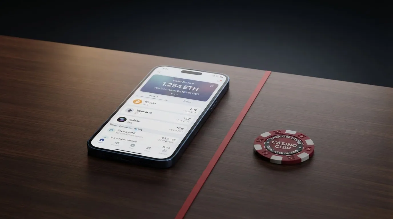 Un monedero digital de criptomonedas junto a una pantalla de casino online, separados por una línea roja con el texto «sin licencia DGOJ», y las banderas de Curaçao, Malta y Anjouan al fondo.