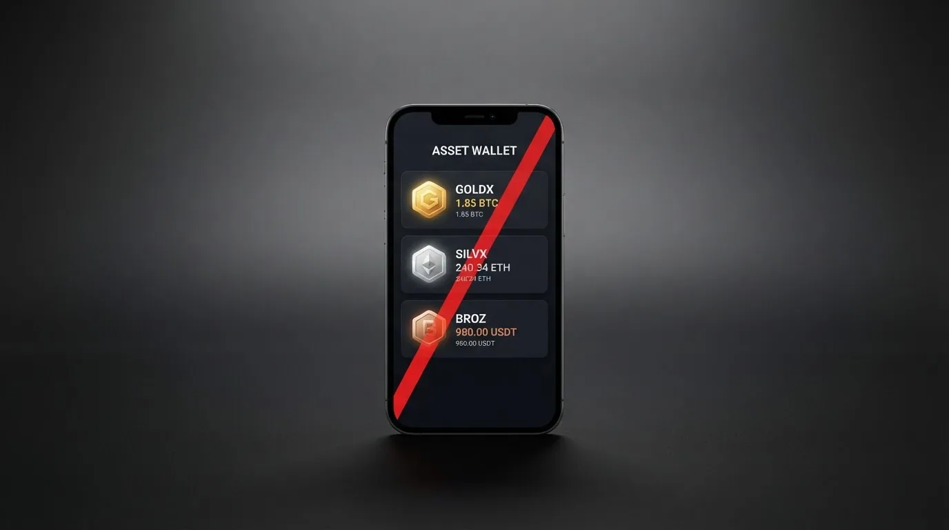 Monedero digital con los iconos de Bitcoin, Ethereum y Litecoin junto a un candado tachado en rojo sobre el dominio .es