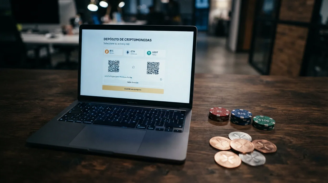 Monedas físicas de Bitcoin, Ethereum y USDT sobre el teclado retroiluminado de un portátil, con la pantalla mostrando una interfaz de depósito en crypto