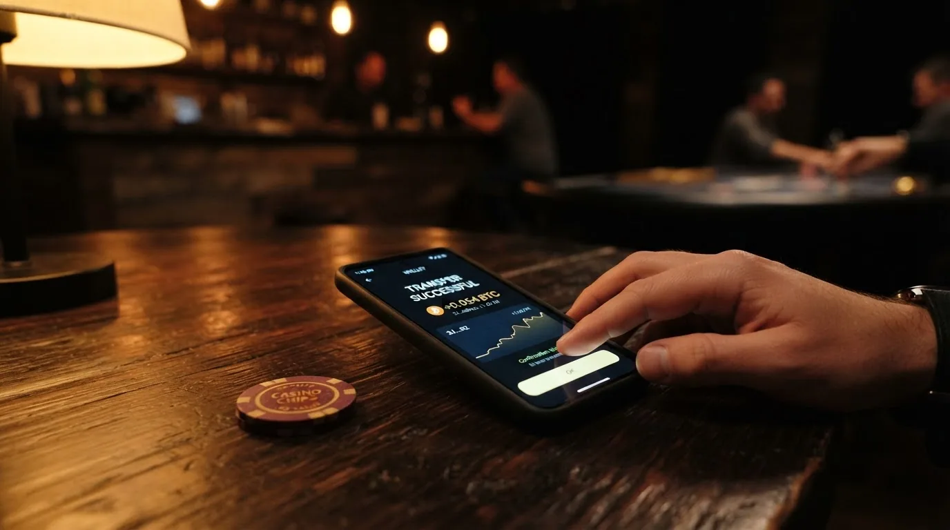 Pantalla dividida entre un monedero digital con criptomonedas y la interfaz de retiro de un casino online
