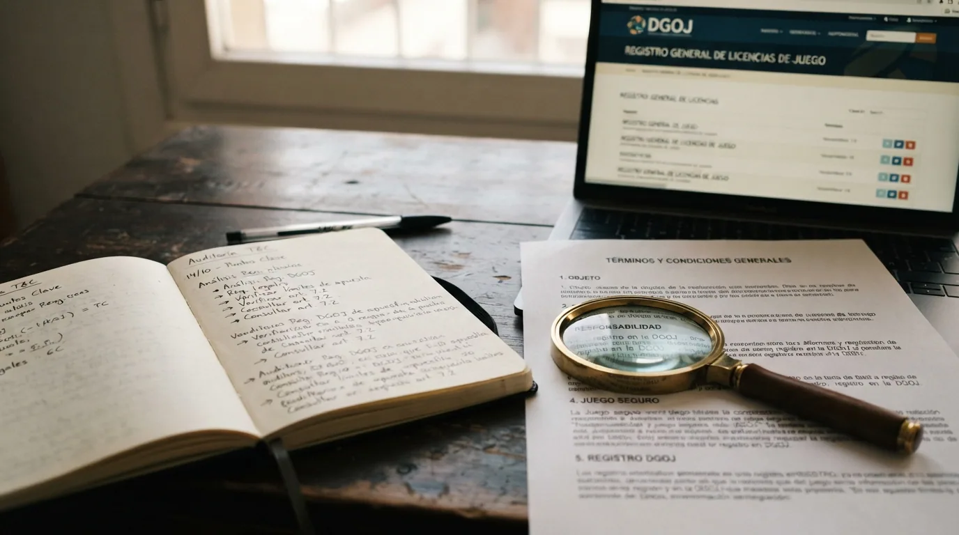 Una libreta con anotaciones manuscritas, una lupa sobre un documento de términos y condiciones y la pantalla del registro DGOJ al fondo