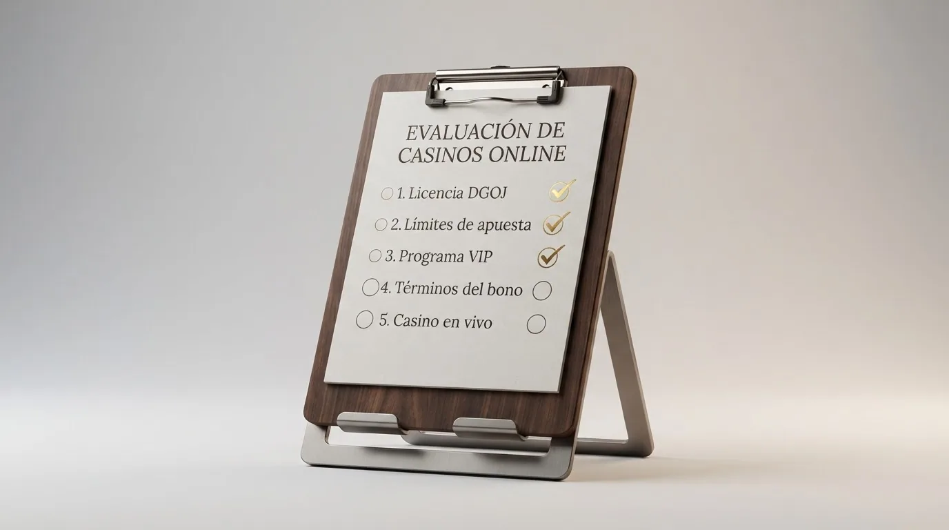 Lista de verificación con cinco criterios (licencia DGOJ, límites de apuesta, programa VIP, términos del bono, casino en vivo) y marcas de verificación junto a tres de ellos