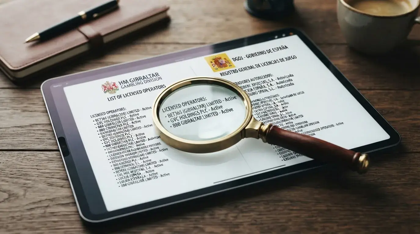 Escritorio con una lupa sobre una tableta que muestra simultáneamente el registro de la Gambling Division y el listado de operadores autorizados de la DGOJ