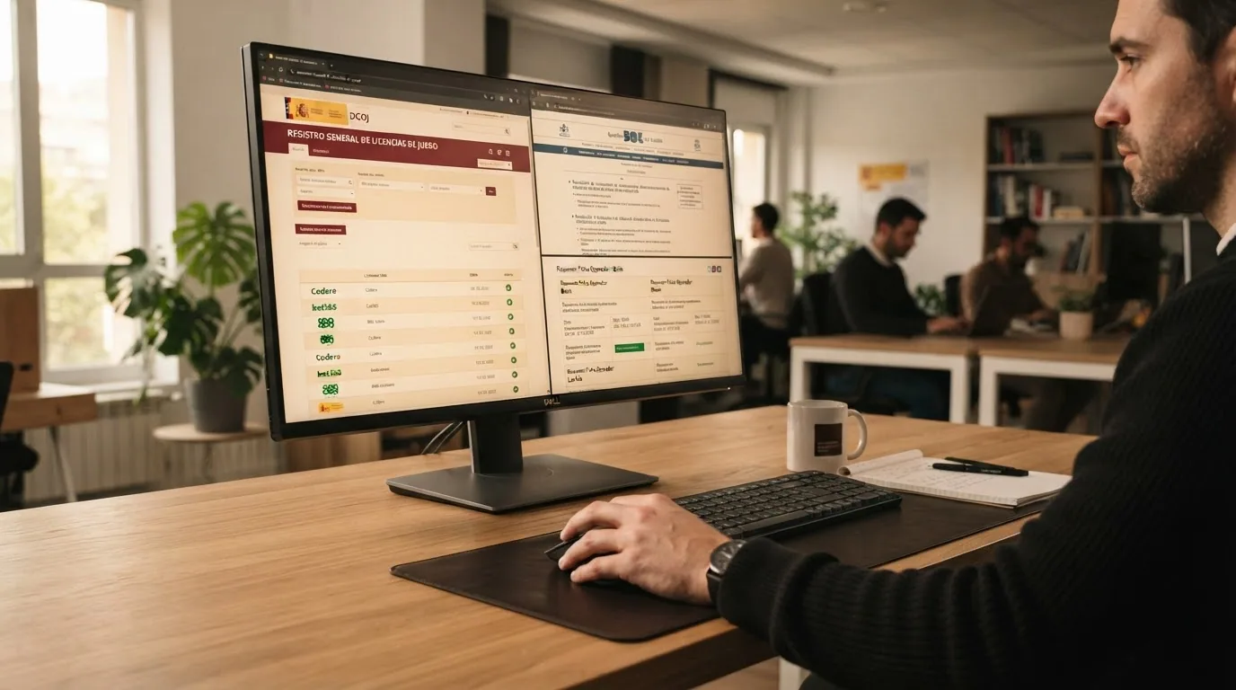 Escritorio de análisis con el registro DGOJ, el BOE y las fichas de los operadores revisados abiertos en pantalla