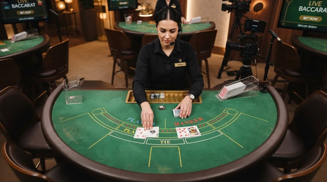 Crupier profesional repartiendo cartas en una mesa de baccarat de un casino físico con varios jugadores alrededor