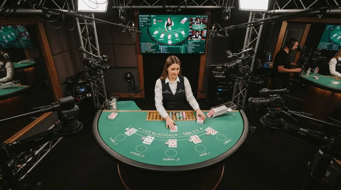 Estudio de grabación de un casino en vivo con mesa de blackjack, crupier uniformado, cámaras y monitor de juego