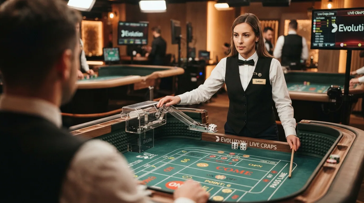 Plano medio de un crupier de Evolution Gaming junto a una mesa de Live Craps con brazo mecánico