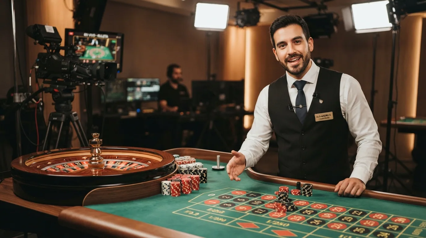 Crupier de ruleta en vivo hablando en español desde una mesa de casino con el logotipo de Evolution Gaming visible en el estudio de Murcia