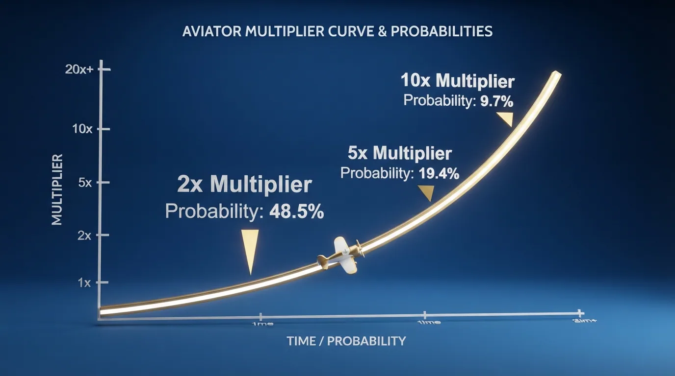 Gráfico de la curva de multiplicador creciente de Aviator con anotaciones en los puntos de cashout a 2x, 5x y 10x y su probabilidad correspondiente