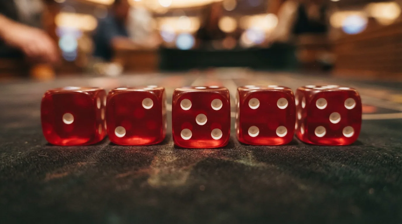 Primer plano de varios dados de casino de color rojo translúcido alineados sobre una superficie de fieltro