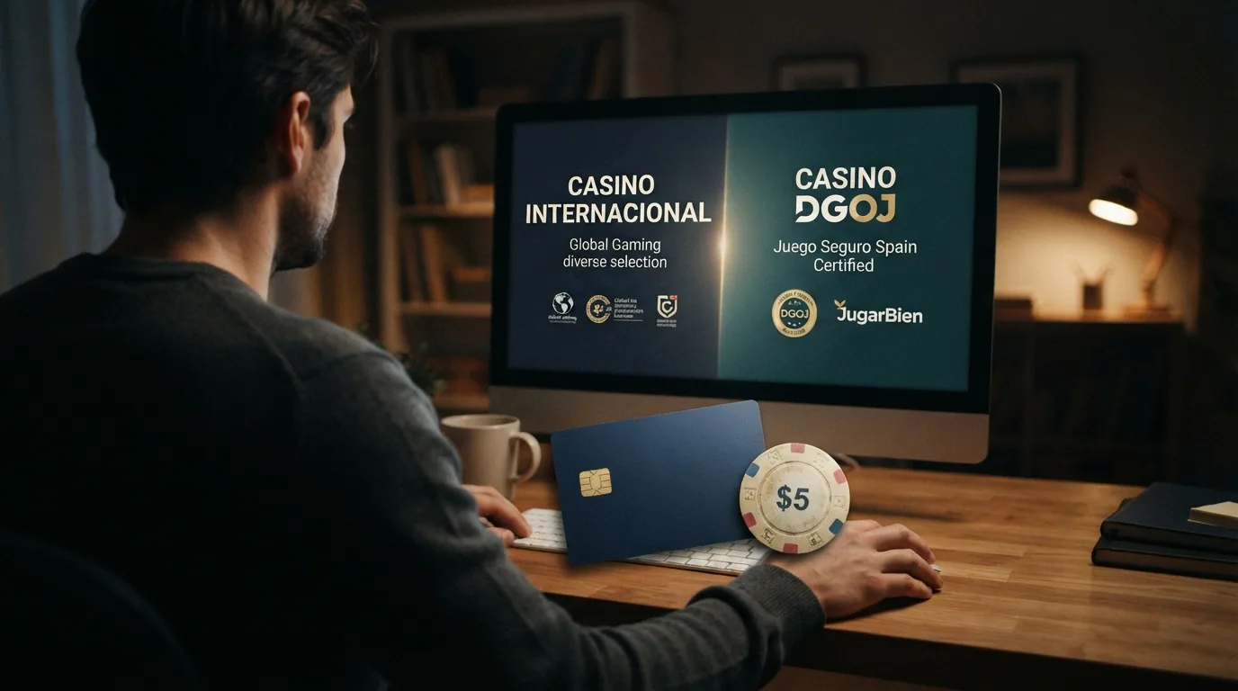 Jugador frente a una pantalla con dos caminos: un casino con dominio .es y un casino internacional sin licencia DGOJ