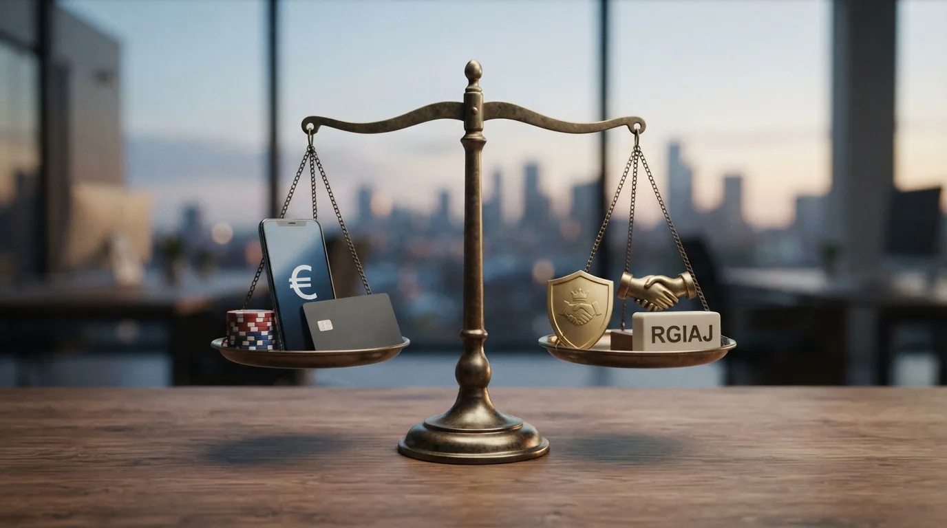 Una balanza con dos platillos: en uno, bonos altos, crypto y catálogo amplio; en el otro, el escudo de la DGOJ, el RGIAJ y un teléfono de ayuda