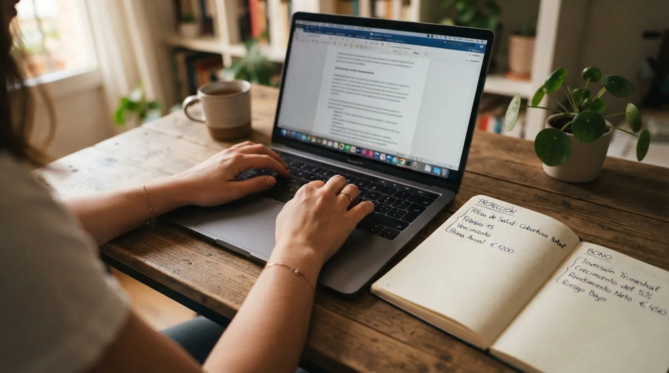 Un primer plano de unas manos sobre el teclado de un portátil, con una libreta al lado donde se leen dos columnas manuscritas: «protección» y «bono», cada una con anotaciones