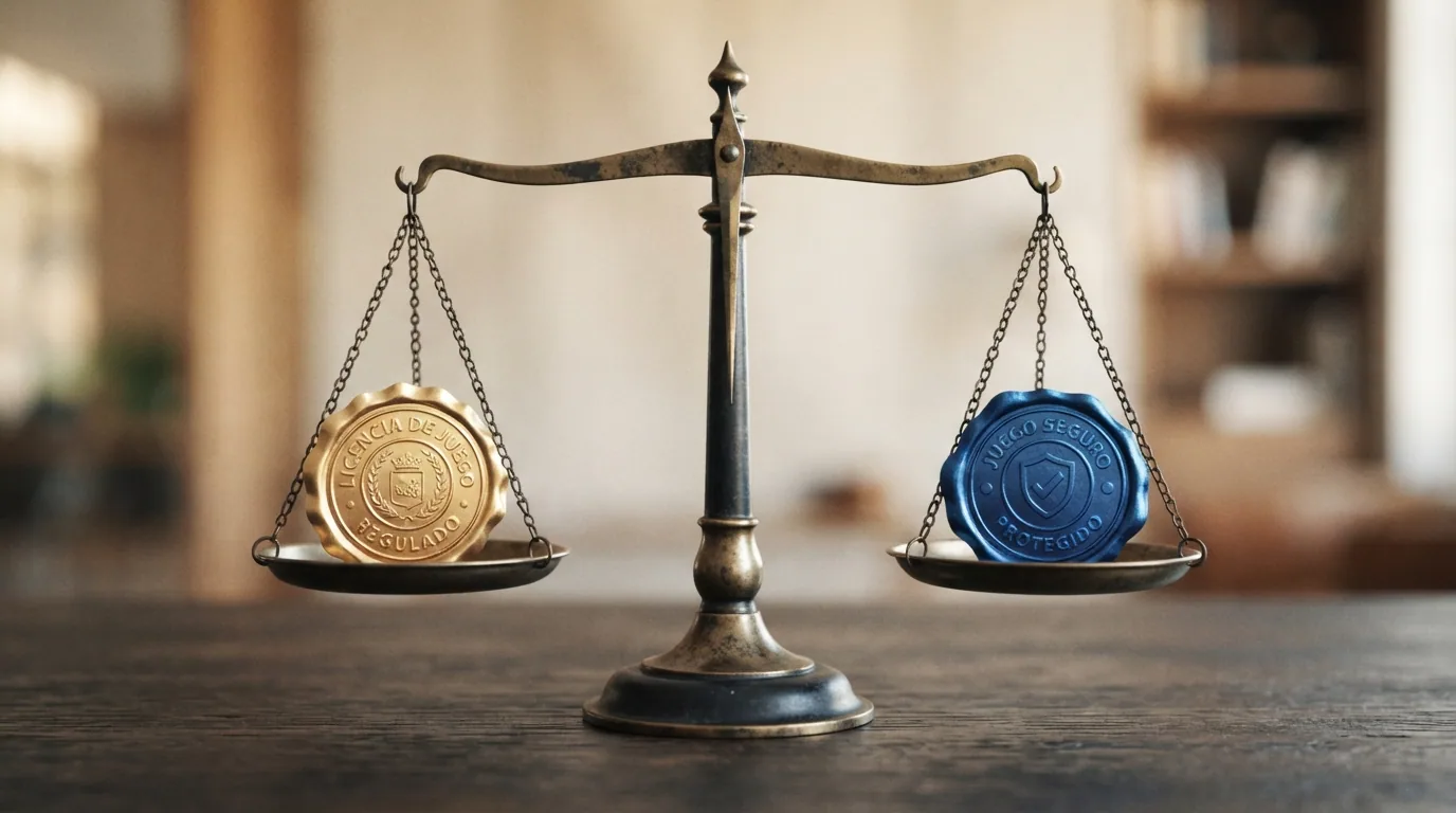 Una balanza con el sello de la Anjouan Gaming Authority en un platillo y el sello «Juego Seguro» de la DGOJ en el otro, con el fiel señalando al centro