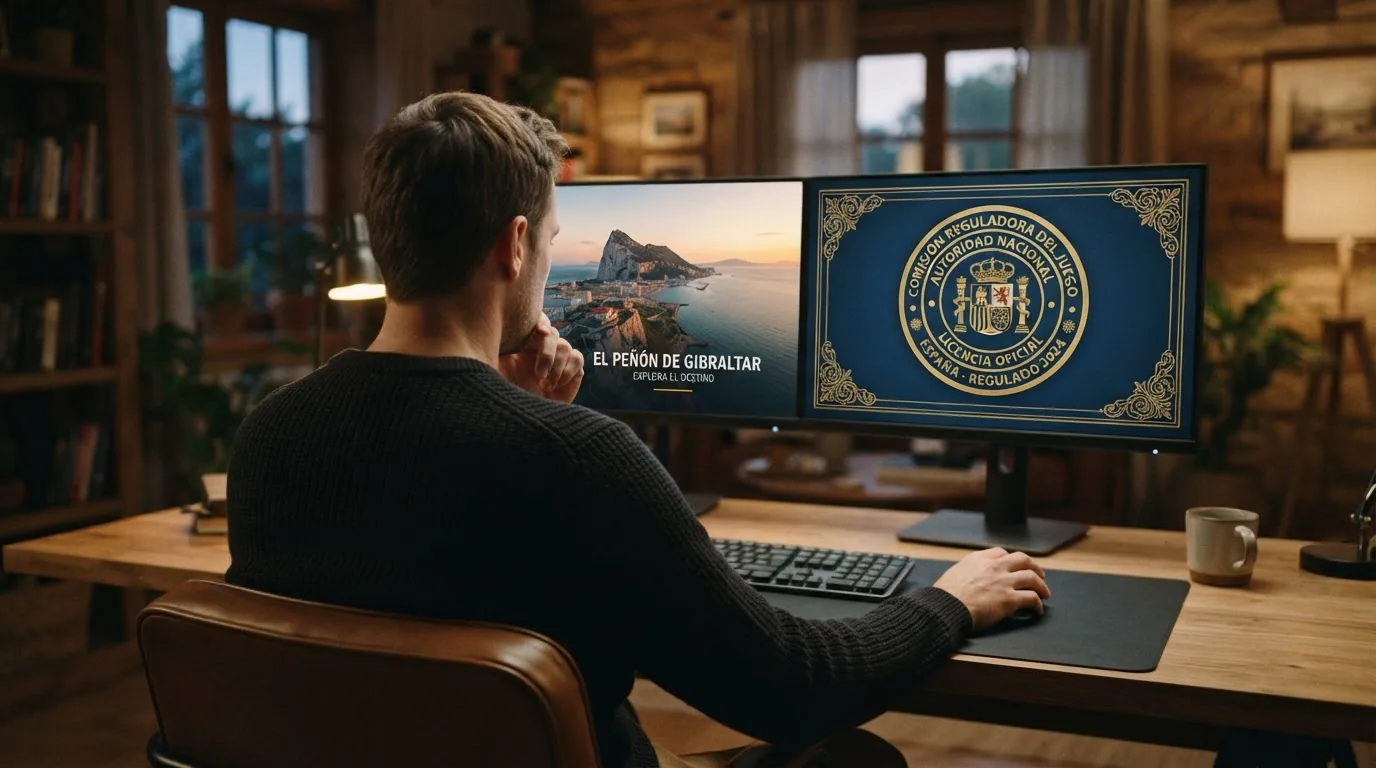 Un jugador sentado frente a una pantalla dividida: a la izquierda el Peñón de Gibraltar, a la derecha el logotipo de la DGOJ, con un cursor entre ambos