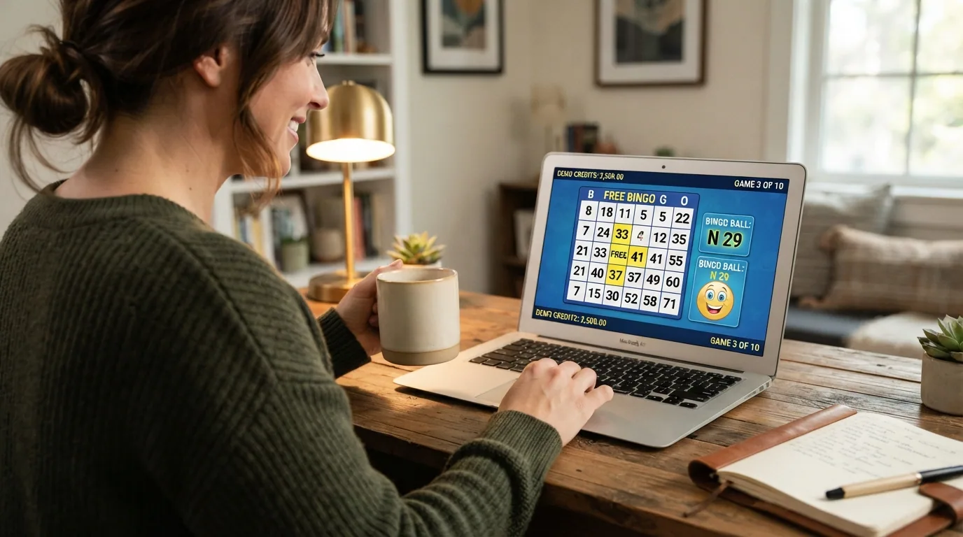 Interfaz de un casino online en modo demostración con fichas virtuales y un cartón de bingo activo
