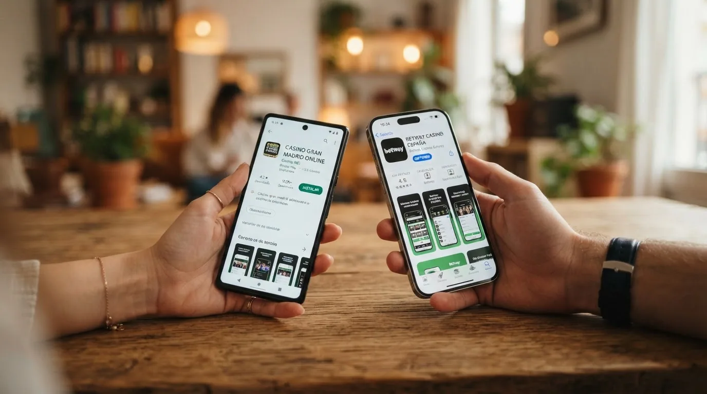 Un teléfono Android mostrando la página de Google Play con el botón de instalar de una app de casino junto a un iPhone mostrando la App Store de Apple con la misma app