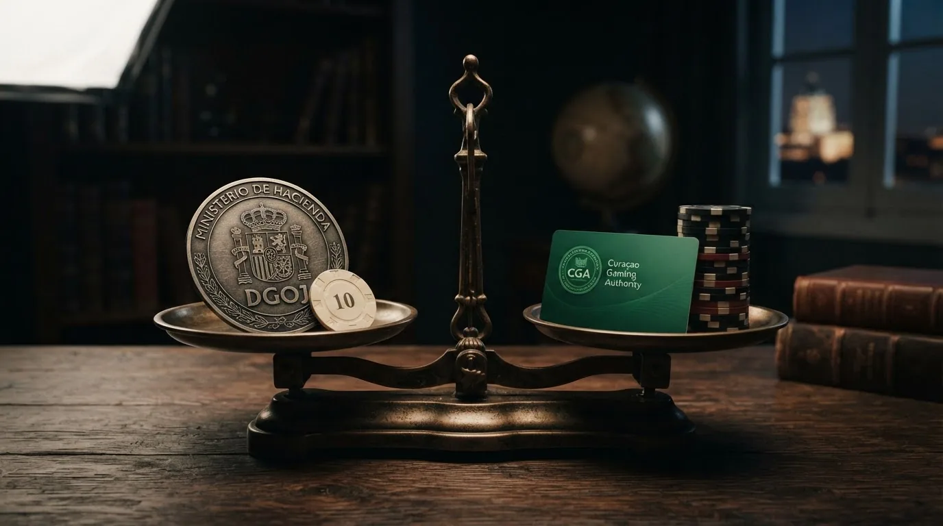Una balanza de dos platillos: en el izquierdo, el escudo de la DGOJ con un jugador bajo un paraguas; en el derecho, el sello de la CGA con un jugador sin paraguas pero con más fichas