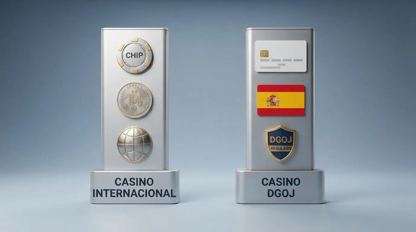 Dos columnas enfrentadas que muestran las diferencias entre un casino con dominio .es y uno internacional sin licencia DGOJ