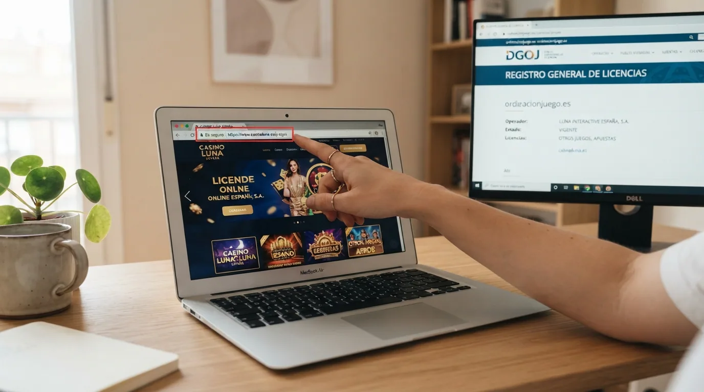 Una mano señalando la barra de direcciones de un navegador donde se lee «https://www.operador.es» con el icono del candado junto a la pantalla del registro de la DGOJ en ordenacionjuego.es