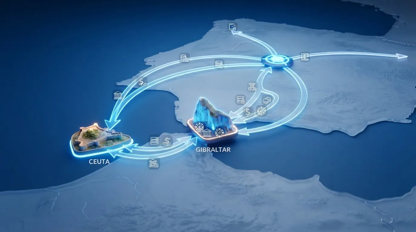 Mapa esquemático que conecta el Peñón de Gibraltar con las entidades DGOJ en Ceuta y la Península mediante flechas que representan la estructura de doble licencia