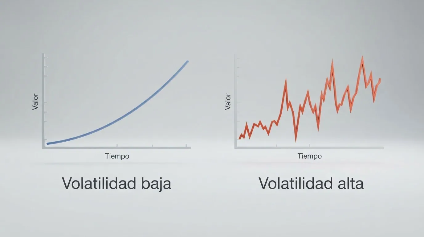 Dos gráficos de evolución de saldo durante una sesión de slots: uno con volatilidad baja (curva plana) y otro con volatilidad alta (picos y valles pronunciados)