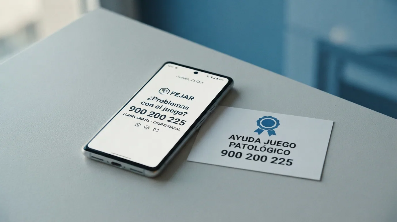 Tarjeta con el número 900 200 225 y el logotipo de FEJAR sobre un fondo azul corporativo, junto a un teléfono móvil