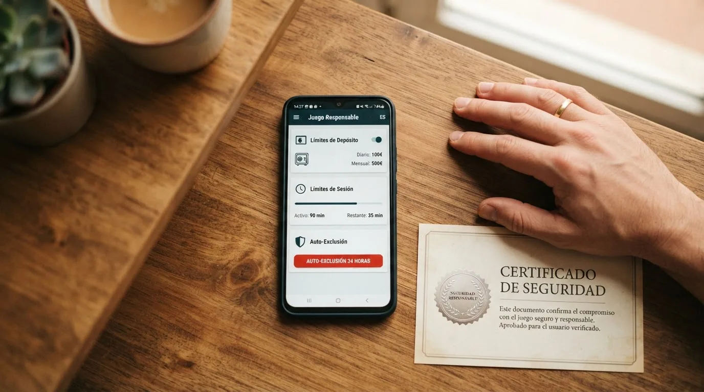 Interfaz de panel de juego responsable de un casino online con límites de depósito, tiempo de sesión y pausa visibles