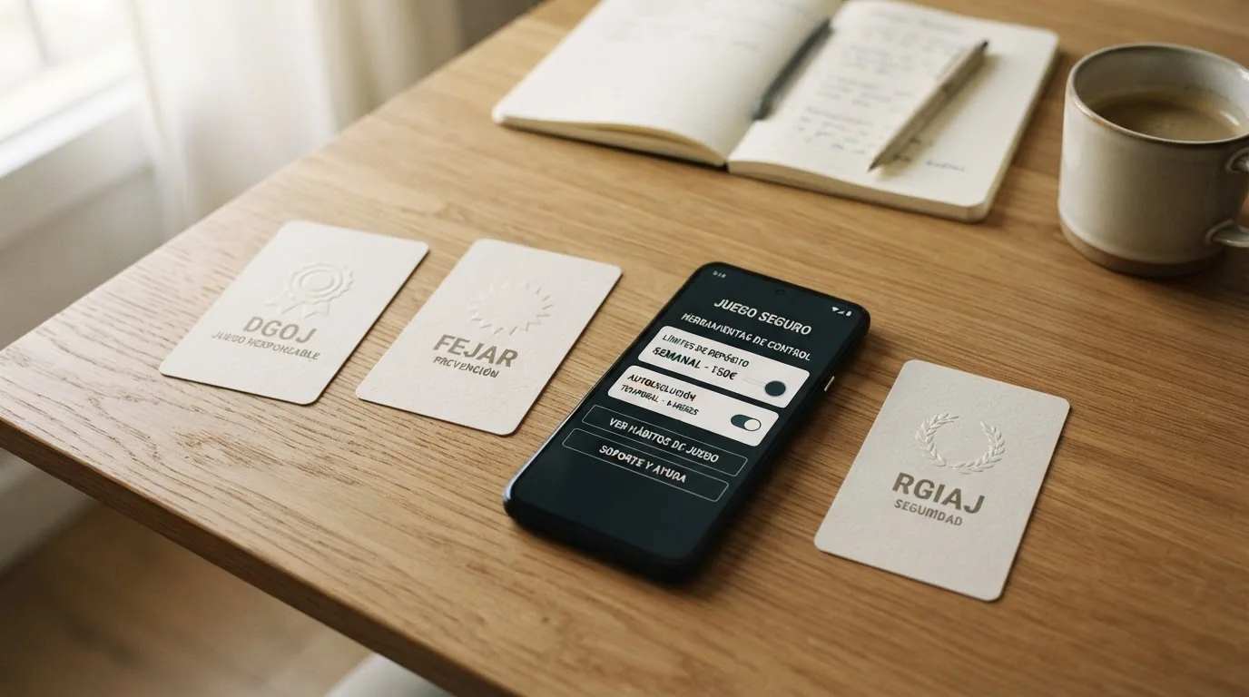 Un montaje limpio con los logotipos de DGOJ, FEJAR y RGIAJ junto a un teléfono móvil mostrando la pantalla de límites de depósito