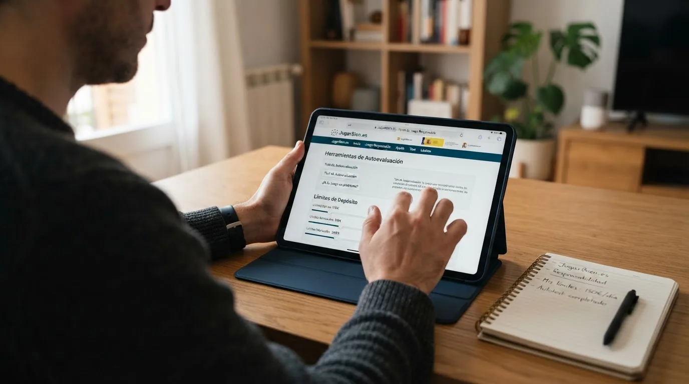 Pantalla del portal JugarBien.es con las herramientas de autoevaluación y límites de depósito visibles