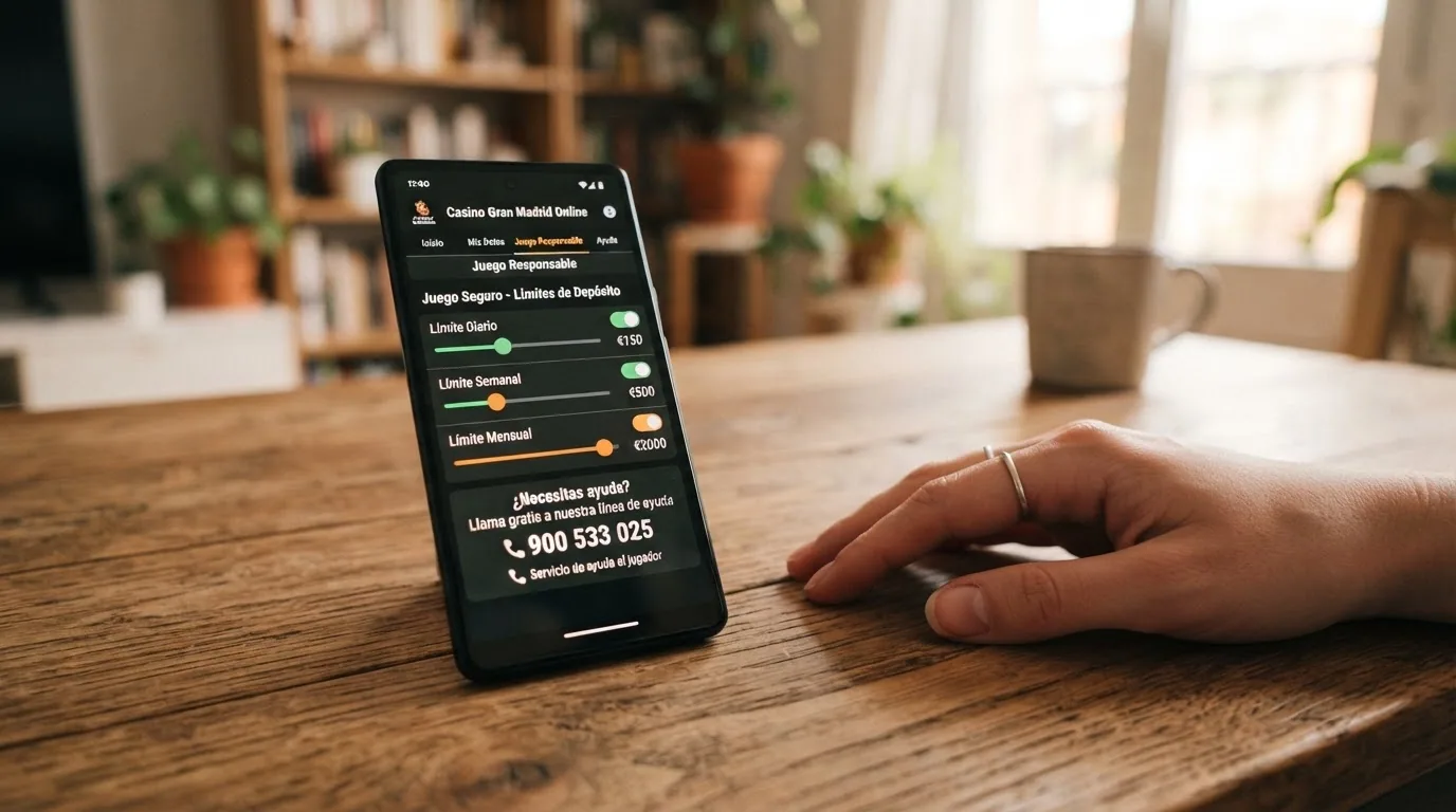 Pantalla de configuración de límites de depósito en una app de casino con deslizadores para límite diario, semanal y mensual junto a un mensaje con el teléfono 900 533 025