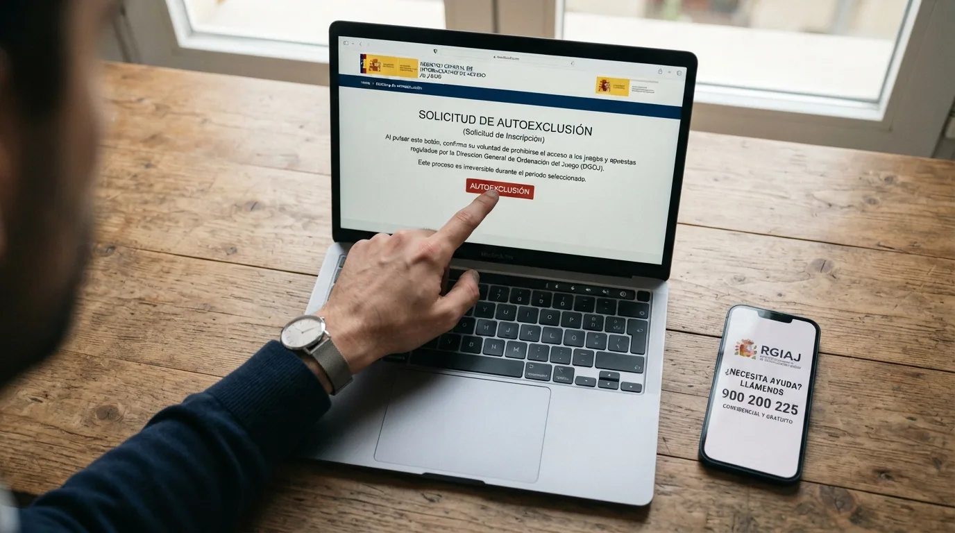 Una mano que pulsa el botón de «Autoexclusión» en la pantalla de un ordenador, con el logo del RGIAJ visible y un teléfono con el número 900 200 225 al lado