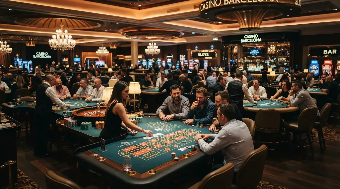 Vista del interior del salón principal del Casino Barcelona con las mesas de juego, la iluminación y los jugadores